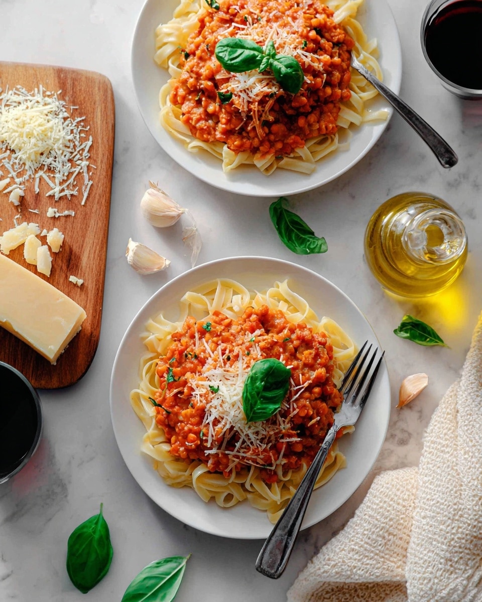 A white plate holds two neat nests of wide, flat pasta topped with a chunky, bright red lentil and tomato sauce mixed with small orange lentils and bits of onion. The sauce has a rich texture and is scattered with small white shreds of cheese, with a fresh green basil leaf placed centrally on top. A silver fork twirls some pasta on the right side of the plate. Around the plate, there are a few garlic cloves and a whole garlic bulb, a wooden board with shredded white cheese, and scattered fresh green basil leaves on a white marbled surface. Another white plate with the same pasta and sauce is partially visible in the upper right corner. photo taken with an iphone --ar 4:5 --v 7