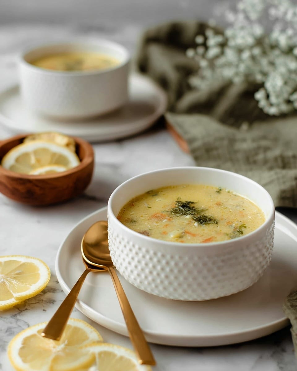 Two white bowls filled with light yellow vegetable soup with small bits of green and orange vegetables floating inside. One bowl is placed on a white plate with a lemon wedge beside it. To the upper right, there is a small wooden bowl filled with lemon slices, with more lemon slices scattered next to it on the white marbled surface. A soft dark green cloth is draped next to the bowl on the plate, with two golden spoons resting on it. Small white flowers scatter on the cloth near the spoons. Photo taken with an iphone --ar 4:5 --v 7
