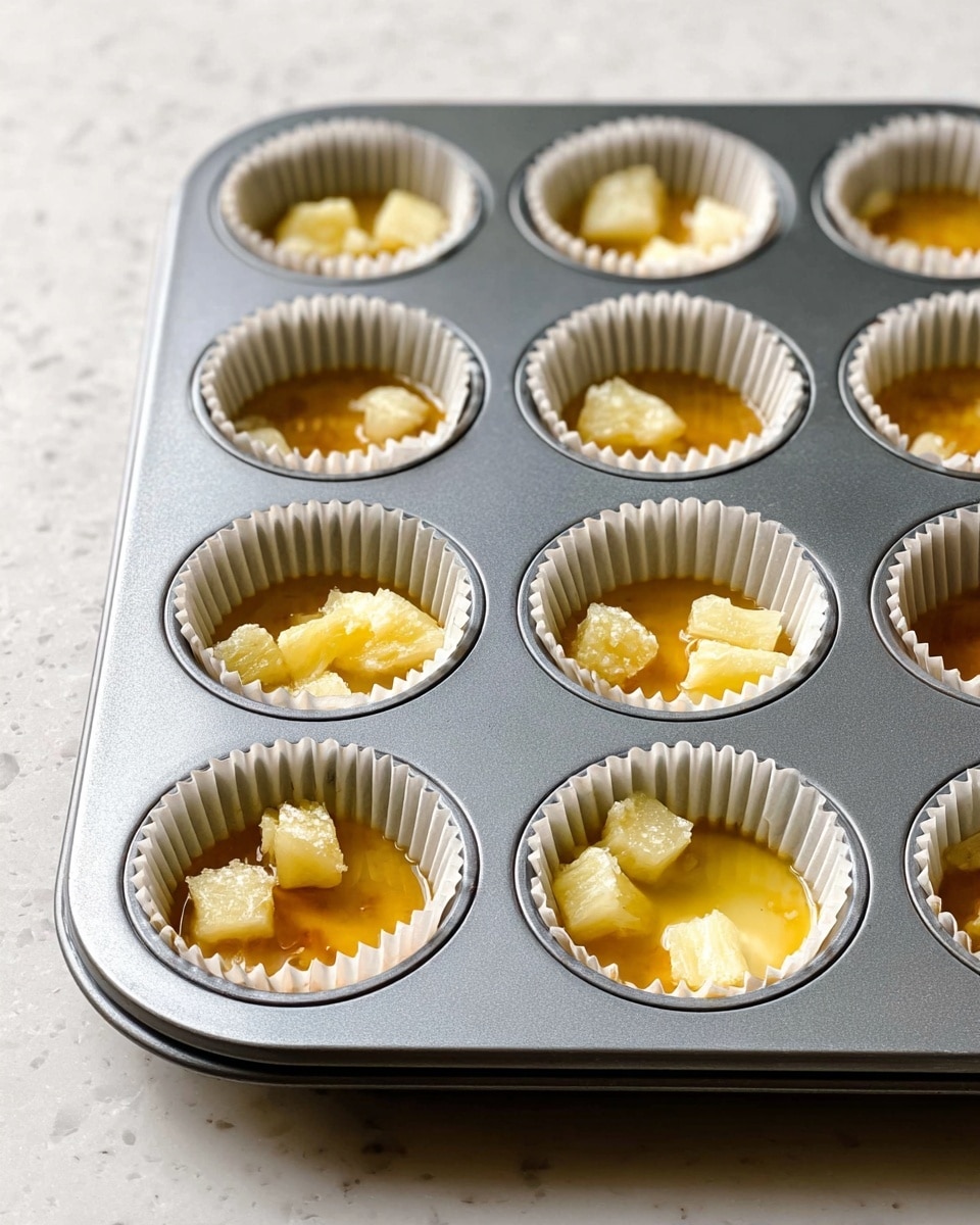 A grey metal muffin tray holds twelve paper liners inside each cavity. In six of the liners, a shallow layer of light golden syrup stands at the base. In the other six liners, small pale yellow chunks of pineapple are placed on top of the same golden syrup layer. The muffin tray sits on a surface with a white marbled texture. The lighting is soft and natural, giving a fresh and clean look to the scene. photo taken with an iphone --ar 4:5 --v 7