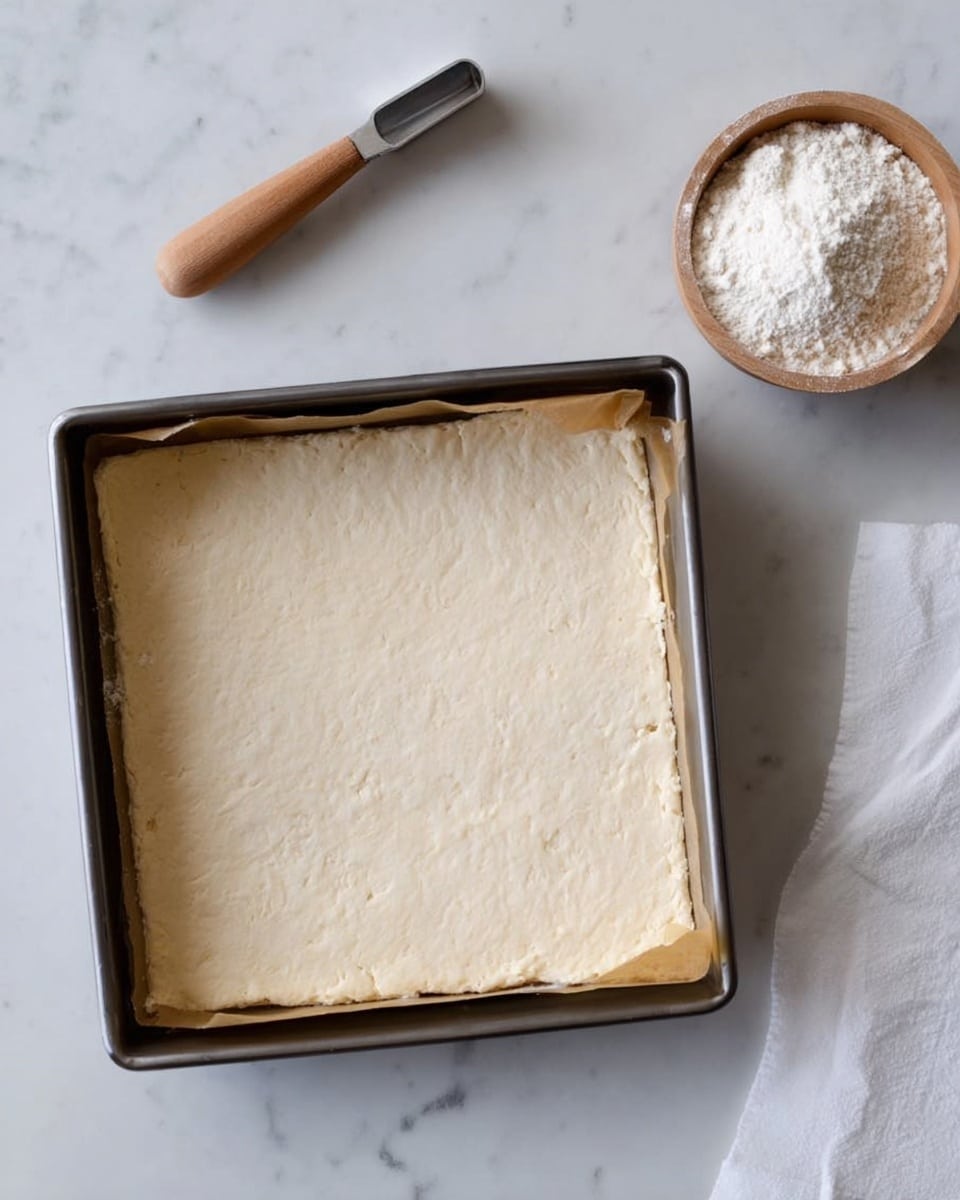 The image shows a square metal baking tray lined with parchment paper, filled with a single layer of pale, smooth dough pressed evenly to cover the entire bottom. The dough has a slightly rough surface with a few small uneven spots. Next to the tray on a white marbled surface, there is a wooden measuring cup filled with flour and a corner of a white cloth is visible in the bottom right. Photo taken with an iphone --ar 4:5 --v 7