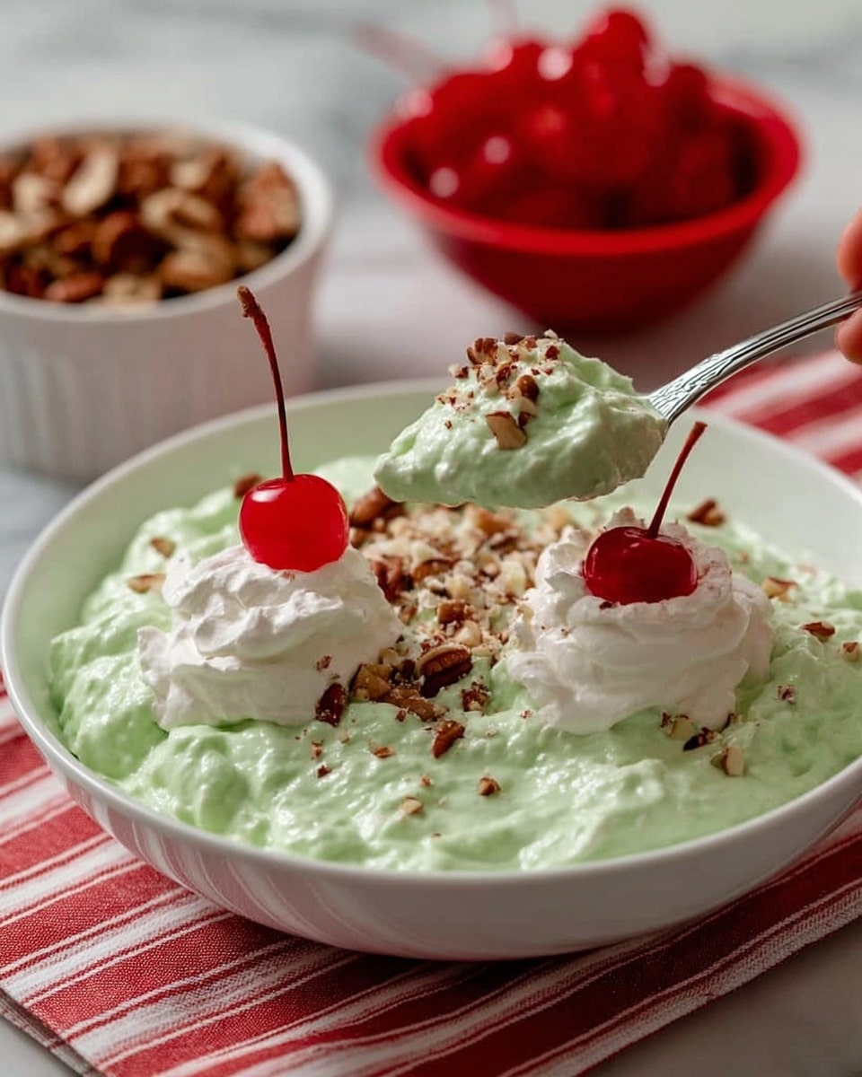 A clear glass bowl sits on a soft white marbled surface with a red cloth beneath it. Inside the bowl, there are three clear layers visible: the bottom layer is a thick white cream, the middle layer is a bright green jelly-like mixture with small white round pieces in it, and the top layer shows the green and cream softly mixed together with a smooth texture. A woman's hand holds a bright red spatula, stirring the layers gently. Photo taken with an iphone --ar 4:5 --v 7