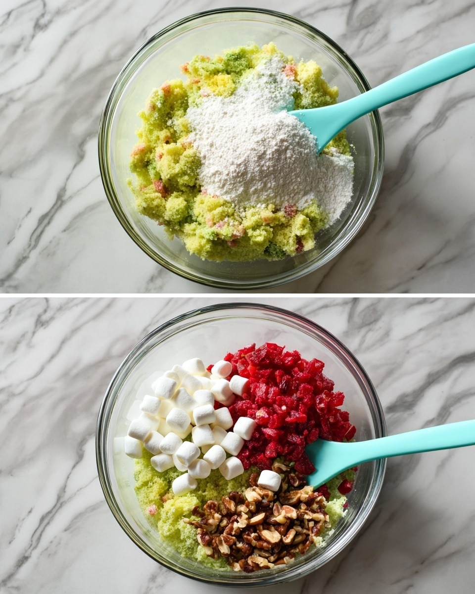 Two photos show a clear glass bowl on a white marbled surface. In the first photo, the bowl holds a base layer of chunky green and yellow mashed pieces, topped with a heap of white powder. A light blue spoon rests inside the bowl on the left side. In the second photo, the green chunky base fills the bowl, now topped with three separate piles: small white mini marshmallows on the left, chopped bright red pieces in the middle, and crushed brown nuts on the right. The same light blue spoon is placed inside the bowl on the right side. photo taken with an iphone --ar 4:5 --v 7