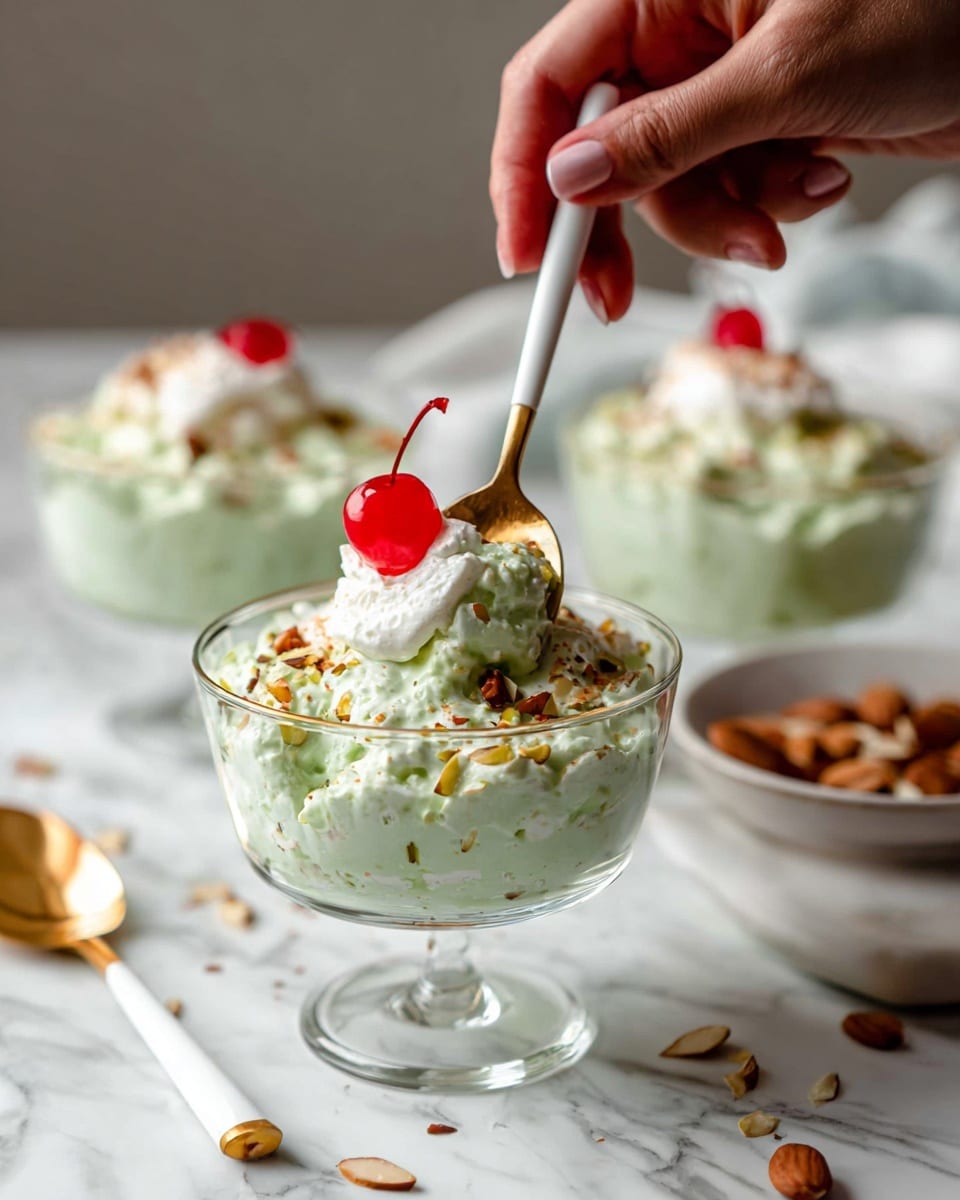 The image shows a clear glass dessert cup filled with a light green creamy dish that has a fluffy and slightly chunky texture. Small brown and orange nut pieces are mixed throughout the green cream. On top, there is a dollop of white whipped cream with a bright red cherry placed in the center. A woman's hand holding a gold spoon with a white handle is scooping some of the cream near the edge of the cup. In the background, two more glass dessert cups with the same green dish, white whipped cream, and a red cherry on top are visible, all placed on a white marbled surface with some scattered nut pieces around. Photo taken with an iphone --ar 4:5 --v 7