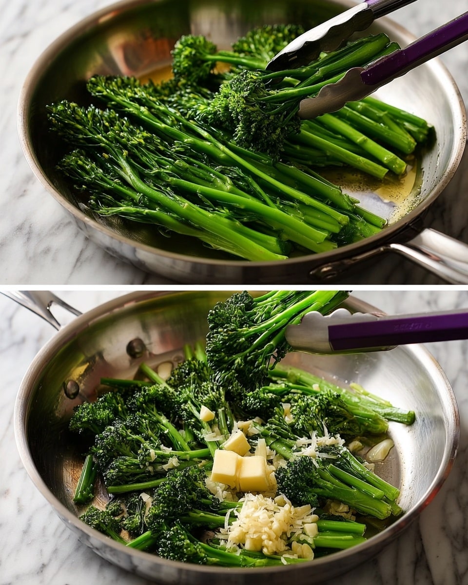 Two images show a close-up of a shiny metal pan on a white marbled surface, filled with bright green broccolini. In the first image, the broccolini is fresh with firm stems and clustered florets, neatly spread in the pan. In the second image, the broccolini is mixed with small pieces of light yellow butter melting around them and finely chopped white garlic scattered on top. A pair of purple-tipped tongs is holding some of the broccolini in the pan. Photo taken with an iphone --ar 4:5 --v 7