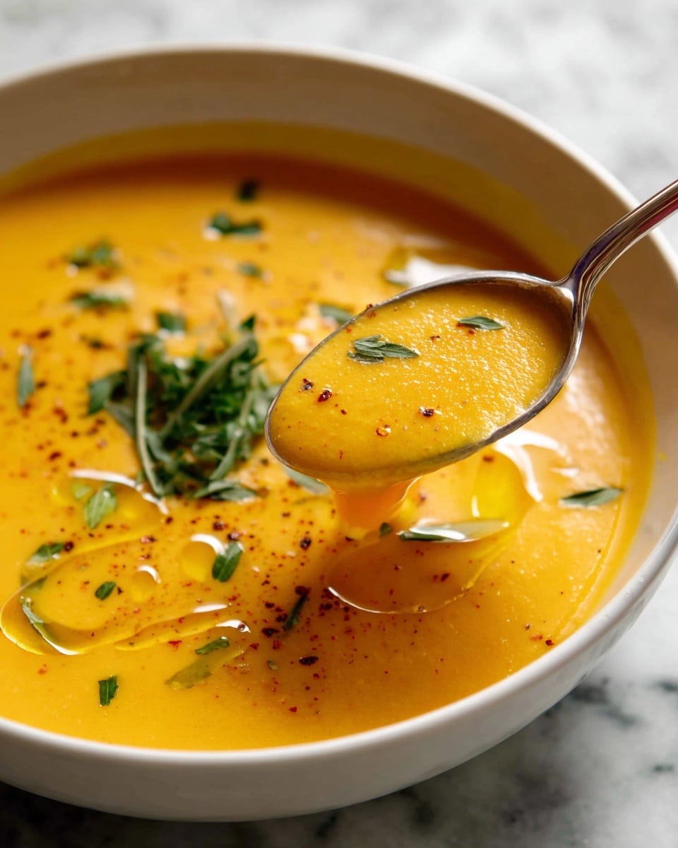 A close-up view of a white bowl filled with smooth, creamy orange soup. The soup has a few small green herb pieces scattered on top and a light drizzle of yellow oil forming swirls on the surface. A spoon with a silver handle holds some of the soup, showing its thick texture with tiny bubbles and green seasoning. The background features a white marbled texture. Photo taken with an iphone --ar 4:5 --v 7
