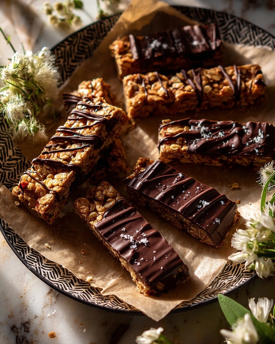 There are eight granola bars on a white tray with a dark pattern, placed over brown paper with rough edges. Each bar is golden brown with visible oats and nuts, and they are decorated with thin dark brown chocolate lines, with some bars half-covered in smooth dark brown chocolate. Coarse salt flakes are sprinkled on top of a few bars. Around the tray, there are white flowers with green stems, placed on a white marbled surface. The lighting is warm, highlighting the textures and rich colors of the bars and chocolate. photo taken with an iphone --ar 4:5 --v 7