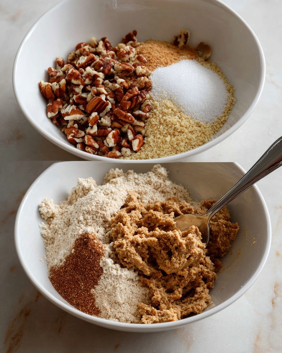 The image shows two white bowls on a white marbled surface, each filled with baking ingredients. The first bowl holds four distinct layers: finely chopped pecans on the left with a mix of light and dark brown sugar on the right, a light sprinkling of white salt near the top, a small heap of ground cinnamon in the center, and a pile of white flour at the bottom. The second bowl contains a mixed dough with a rough texture and a brown color, with a silver spoon partially dipped into it on the right side. photo taken with an iphone --ar 4:5 --v 7