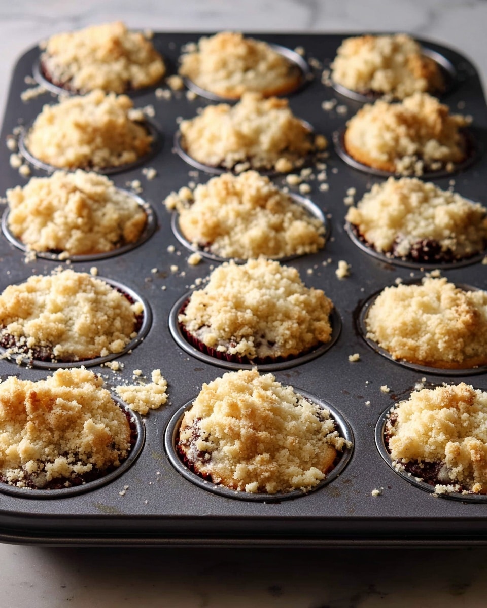 A dark gray metal muffin pan with twelve circular cups is shown, each cup filled with two visible layers: a dark brown base layer and a crumbly pale beige topping. The topping is uneven and chunky, covering the dark brown layer beneath but allowing some of it to peek through. The muffin pan rests on a white marbled surface with some crumbs scattered around. The lighting highlights the texture of the crumbly topping and the smoothness of the muffin pan. photo taken with an iphone --ar 4:5 --v 7