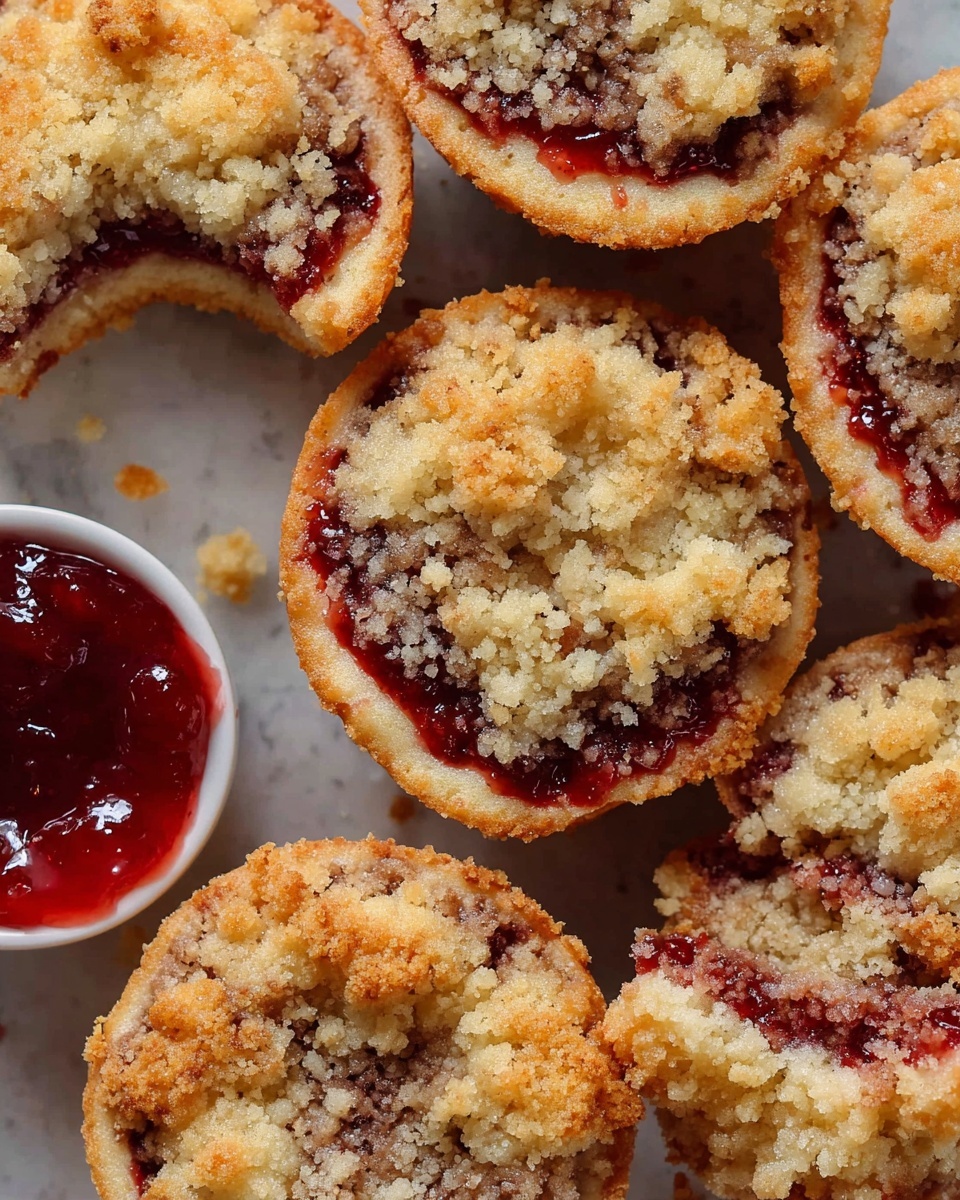 Three crumbly round tartlets are stacked on a silver wire rack over a white marbled surface. Each tartlet has a thick golden-brown crust forming the base and sides, with a reddish berry jam layer visible just below a top layer of pale, crumbly streusel. In front of the stack is a broken tartlet showing its layered texture, next to a white ceramic spoon filled with the same red jam. A glass of milk is blurred in the background. The whole scene is softly lit and has a warm, inviting feel. photo taken with an iphone --ar 4:5 --v 7