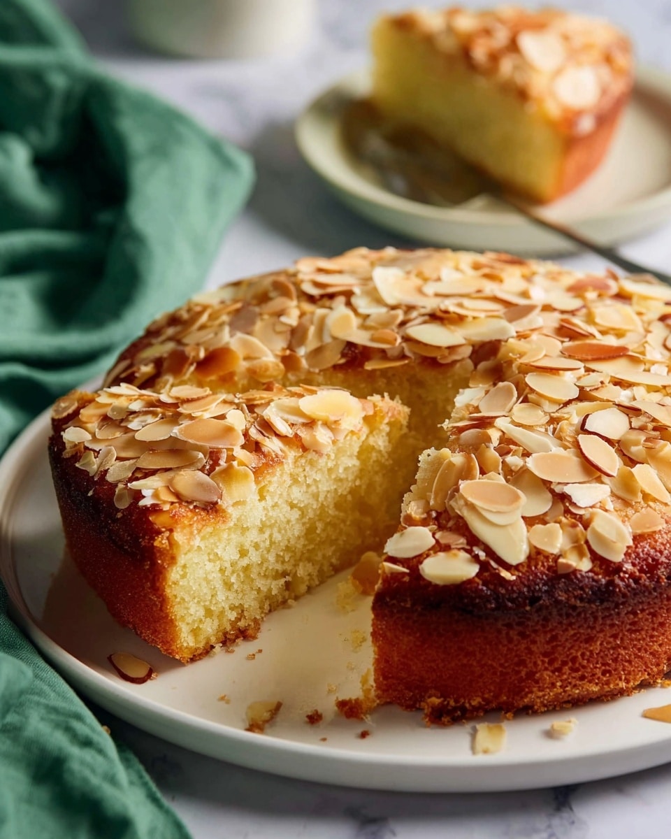 A round almond cake with one slice missing sits on a white plate on a white marbled surface. The cake has two main layers: the bottom layer is a light golden-yellow soft cake, and the top layer is covered with a thick layer of toasted, sliced almonds in shades of light brown and tan. The cake edges are browned and slightly crisp. In the background, another slice of the same cake rests on a white plate, and a green cloth is softly draped nearby. Photo taken with an iphone --ar 4:5 --v 7
