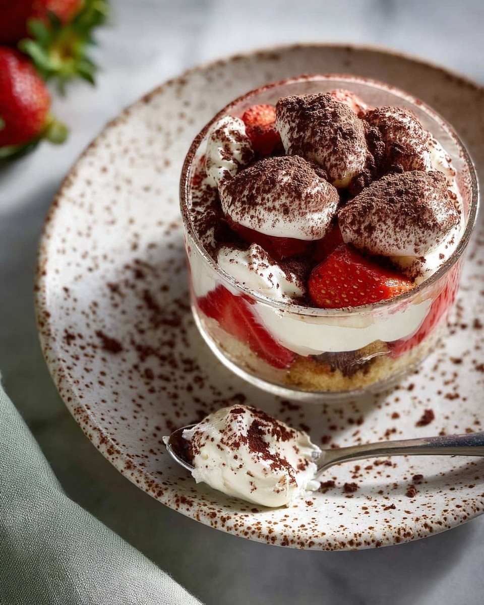 A clear glass contains a layered dessert placed on a white speckled plate on a white marbled surface. The bottom layer is a light brown cake soaked with a red syrup. Above it is a thick layer of white cream. On top of the cream are light brown cake pieces with a dusting of dark brown cocoa powder. The dessert is crowned with large dollops of white cream, some with red syrup showing through and more cocoa powder dusted over. To the right of the plate is a silver spoon with a small amount of cream on it, and soft-focused flowers and leaves are visible in the background. Photo taken with an iphone --ar 4:5 --v 7
