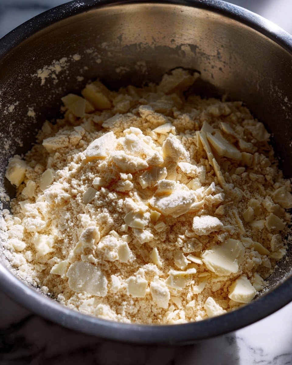 A close-up image shows a metal bowl filled with a crumbly mixture of flour and small pieces of butter, giving it a rough, uneven texture. The mixture is pale yellowish-white, with various small lumps and flakes scattered throughout, indicating it is in the early stages of dough preparation. The bowl sits on a white marbled surface under natural light which highlights the different sizes of the butter pieces mixed into the flour. photo taken with an iphone --ar 4:5 --v 7