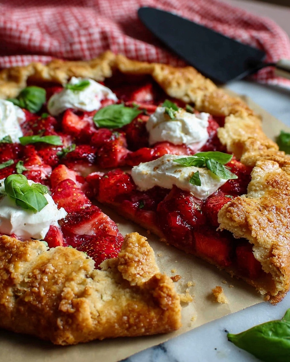 A rustic galette with a golden-brown, flaky crust folded unevenly over a bright red strawberry filling, showing juicy chunks of strawberry inside. The pie is partially sliced with a wedge slightly pulled out, revealing the layered crust and the fruity interior oozing slightly. Fresh green basil leaves are placed on top around dollops of white cream, adding a fresh touch. The galette sits on a white marbled surface with a soft-focus red-checkered cloth and a black spatula in the background, highlighting the warm textures and colors of the dessert. Photo taken with an iphone --ar 4:5 --v 7
