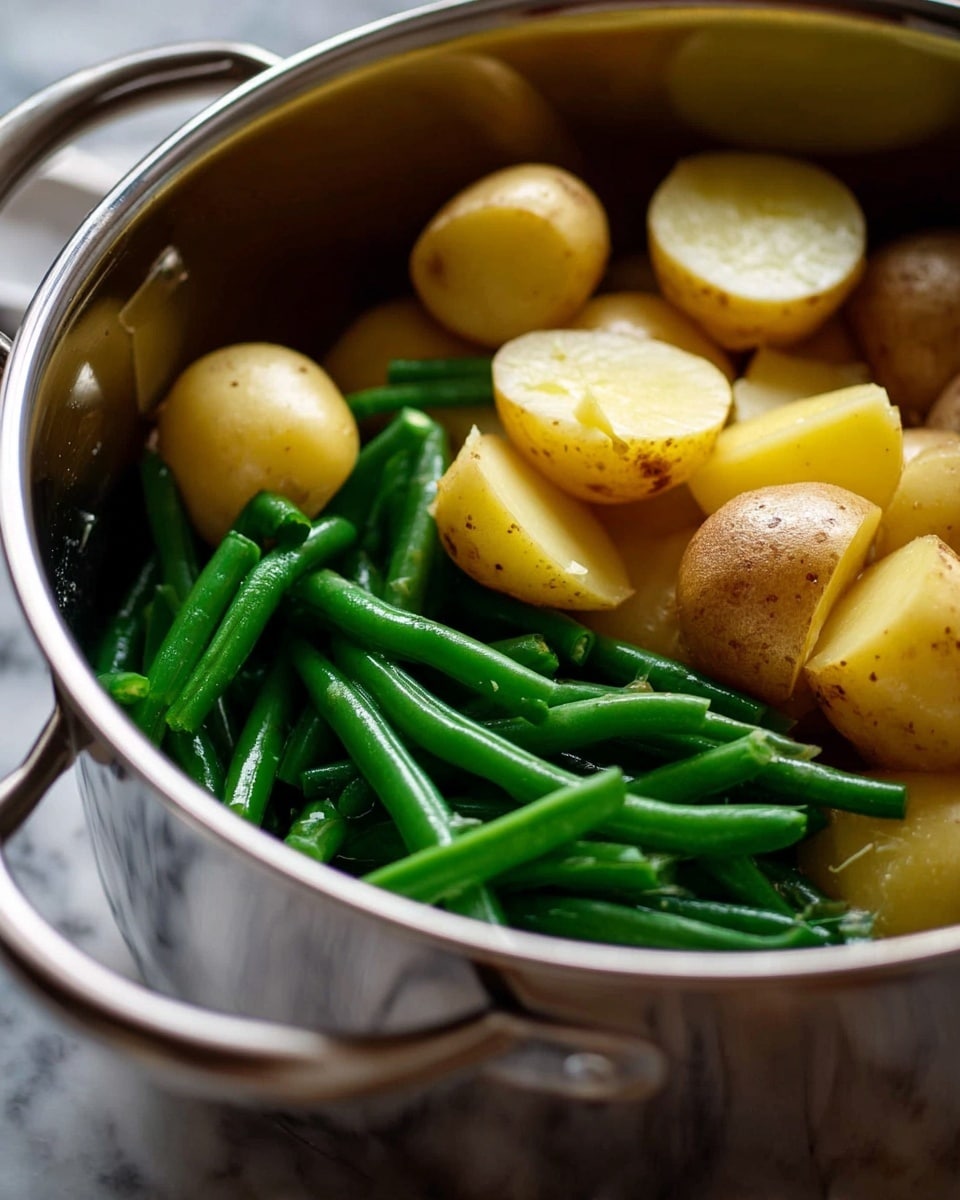 A close-up view of a stainless steel pot filled with two layers of food: the bottom layer has bright green fresh green beans, and the top layer has yellowish small potatoes, some whole and some cut in halves or quarters with their skins on, showing a slightly rough texture. The pot sits on a white marbled surface, with soft natural light highlighting the fresh colors and textures of the vegetables, photo taken with an iphone --ar 4:5 --v 7