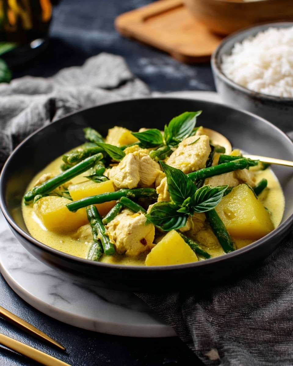 A deep white bowl holds a creamy yellow curry base filling the bottom layer, topped with medium-sized light yellow potato chunks and bright green string beans arranged through the bowl. Pieces of pale white chicken sit scattered among the vegetables, with fresh light and dark green basil leaves placed on top for a fresh look. The bowl is placed on a light bamboo mat and the background shows a white marbled surface with a white bowl filled with white rice on the left side. The photo taken with an iphone --ar 4:5 --v 7