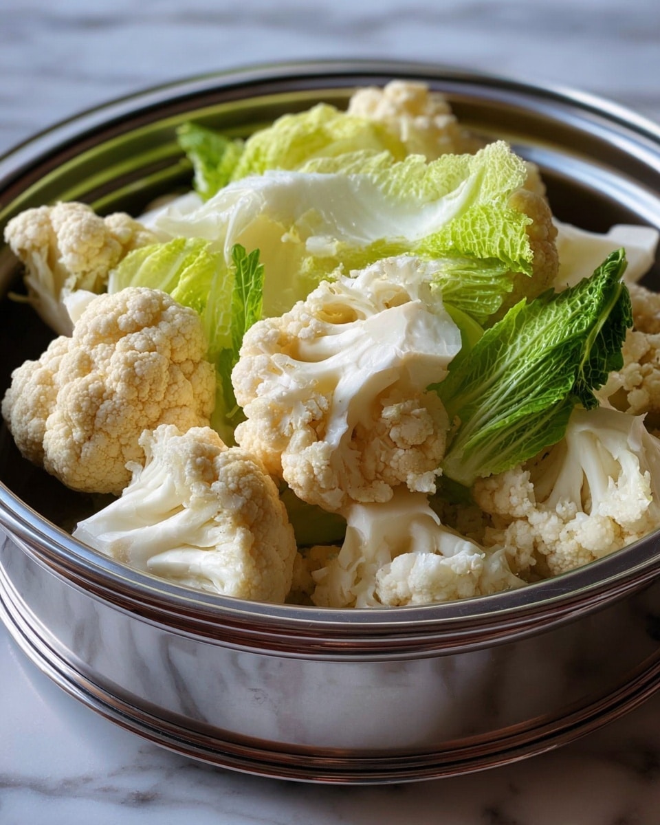 A stainless steel steamer basket filled with multiple pieces of raw cauliflower florets showing a creamy white to light beige color with a rough texture, mixed with a few pieces of bright light green cabbage leaves layered among the cauliflower. The steamer is placed on a white marbled surface, highlighting the natural fresh colors of the vegetables. Photo taken with an iphone --ar 4:5 --v 7