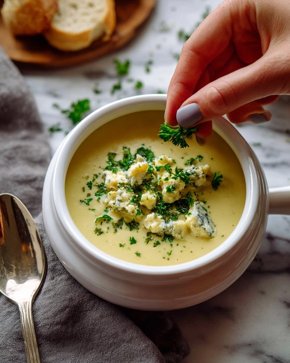 A close-up view of a creamy pale yellow soup served in a white bowl with a handle shaped like a lion's head. The soup has small chunks of cauliflower with greenish-blue mold and is topped with vibrant green parsley scattered on top and mixed inside. A silver spoon holds a scoop of the thick soup with cauliflower pieces and parsley, lifting it above the bowl. The bowl rests on a white marbled textured surface with a grey cloth nearby. Photo taken with an iphone --ar 4:5 --v 7