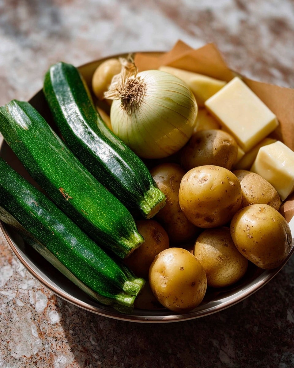 A white bowl is filled with a mix of fresh vegetables. At the bottom, there are small round light brown potatoes with smooth skin. On top of the potatoes, a few shiny green zucchinis are placed diagonally, their surfaces showing a fresh, slightly rough texture. There is also a round onion with a light yellow to brown skin resting among the potatoes and zucchinis. Pieces of light yellow cheese wrapped partly in brown paper are placed at the edge of the bowl, adding a pale contrast to the vegetables. The bowl is set on a surface with a white marbled texture. Photo taken with an iphone --ar 4:5 --v 7