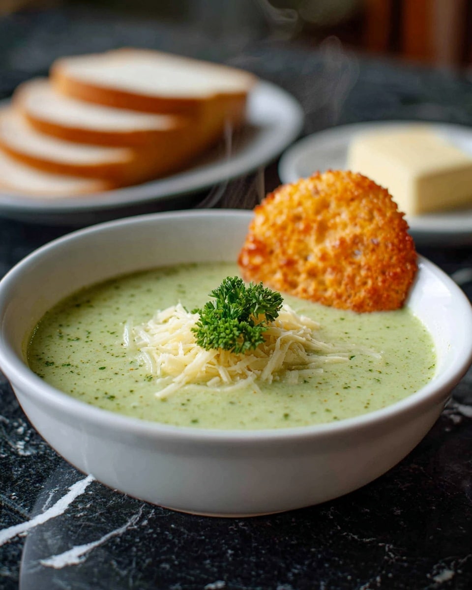 A white bowl filled with smooth light green soup, topped in the middle with a small pile of thin white grated cheese and a single crispy orange cheese crisp standing vertically. Two small green parsley leaves are placed on the cheese, adding a fresh touch. In the blurred background, three slices of toasted light brown bread rest on a white marbled surface, with steam rising gently from the soup, creating a warm and fresh atmosphere. Photo taken with an iphone --ar 4:5 --v 7