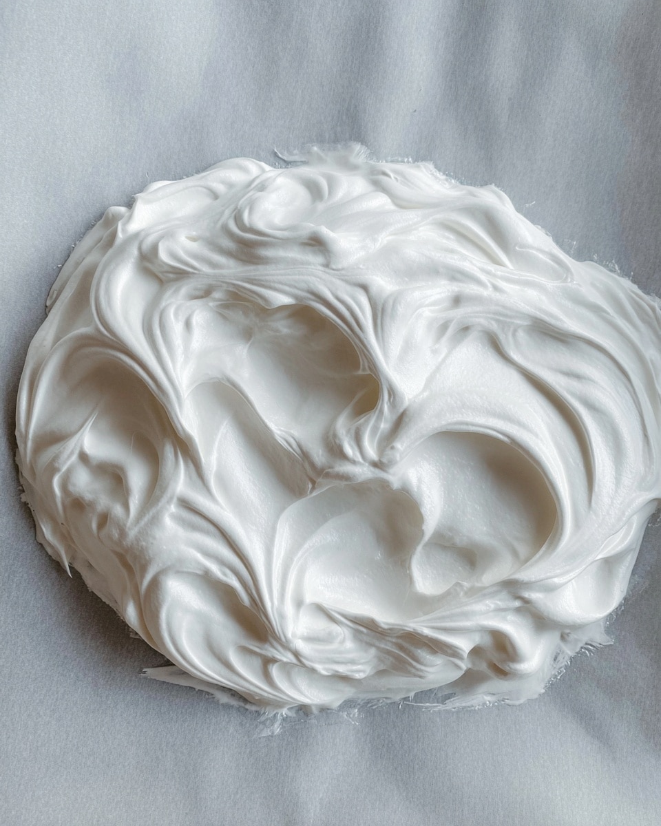 A slice of white meringue cake sits on a white plate with a simple textured rim. The cake has two main layers: a thick, airy white meringue base with a light, slightly rough surface, and a smooth white cream layer on top sprinkled with small bits of nuts or seeds. On the very top, there are several bright orange segments, adding a glossy and juicy texture that contrasts with the soft cream. The plate rests on a white marbled surface, with a blurred background showing other dishes and a silver fork placed beside the plate. photo taken with an iphone --ar 4:5 --v 7