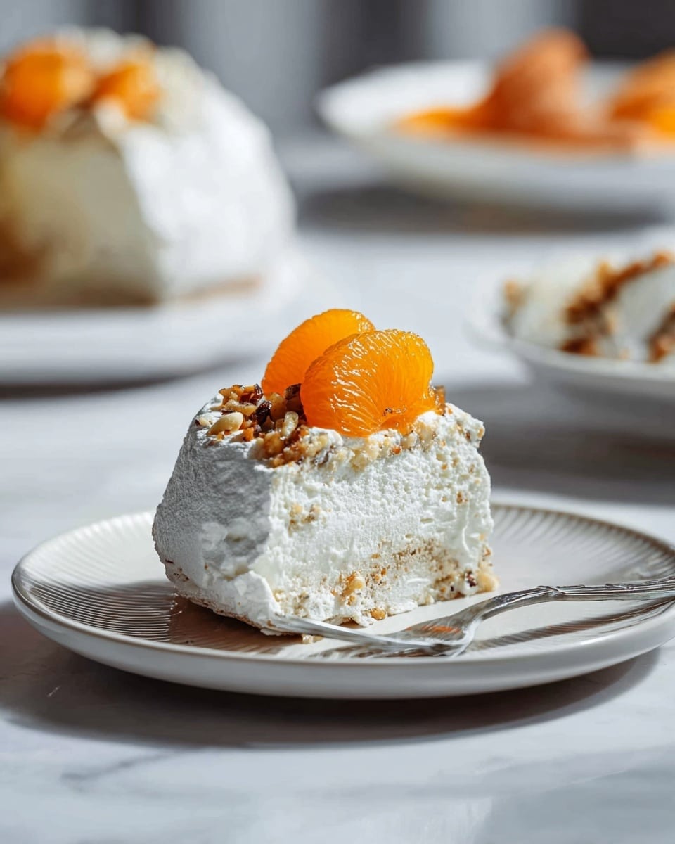 The image shows a round dessert with three main layers. The bottom layer is a thick, meringue base with a white color and a crackled texture, featuring some light brown spots. On top of that is a generous layer of smooth, white whipped cream that softly spills over the sides. The dessert is topped with bright orange tangerine segments arranged in a small, neat pile. Light golden syrup drizzles down from the whipped cream onto the meringue, adding a glossy effect. The dessert sits on a white plate with black speckles, all placed on a white marbled surface with a blurred background. Photo taken with an iphone --ar 4:5 --v 7