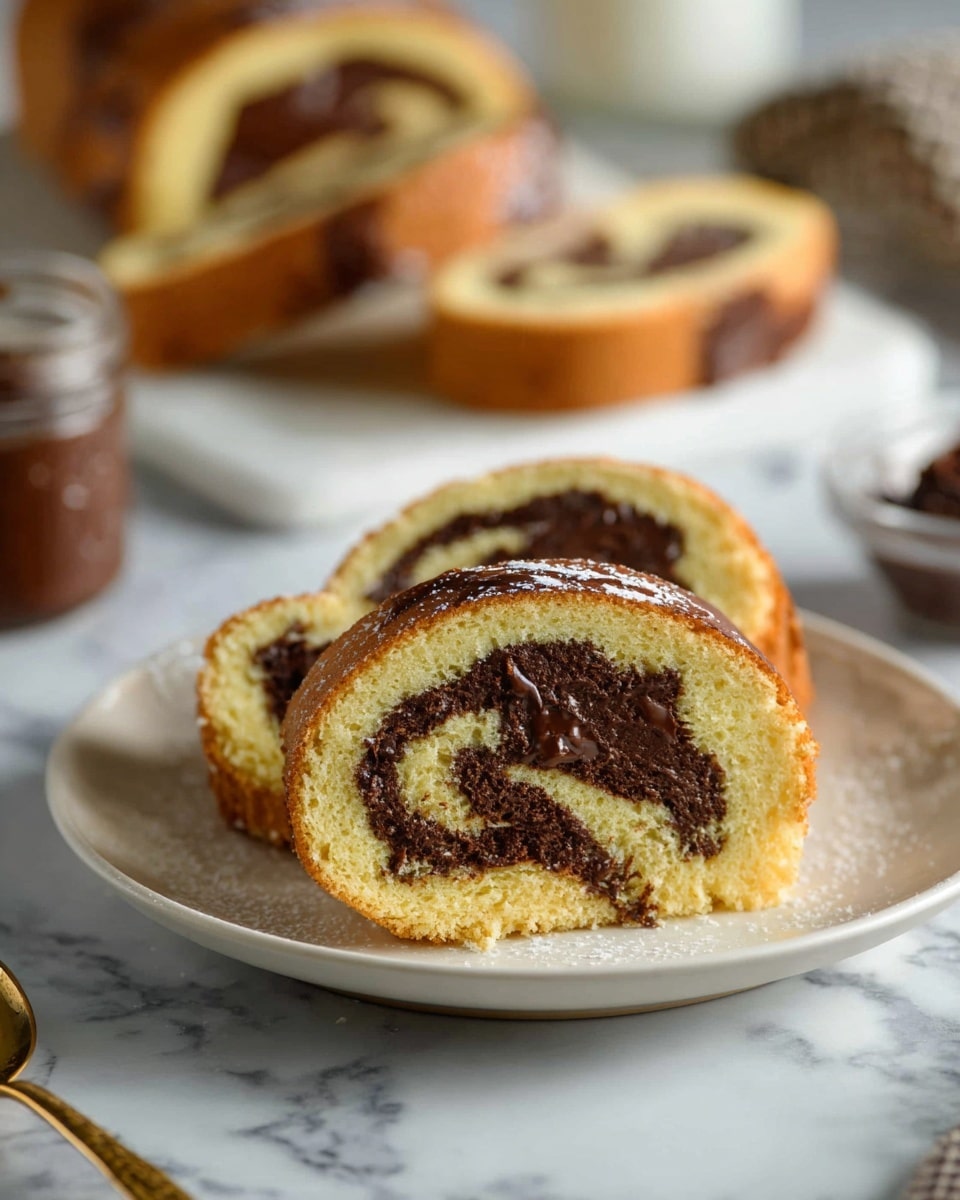 Four slices of a rolled cake are arranged in a slightly curved line on a white marbled surface. Each slice shows two main layers: a light yellow sponge cake and a dark chocolate filling swirled inside. The outside cake layer is golden brown and smooth. One slice is lying flat in the front, showing a clear spiral pattern of the chocolate filling inside the light cake. In the background, a small glass container filled with chocolate spread and a white plate with dark pieces are blurred out. Photo taken with an iphone --ar 4:5 --v 7