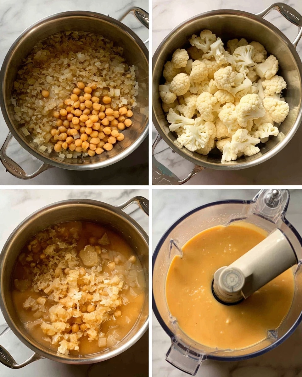 A large silver pot is shown in four steps of cooking. First, finely chopped light brown onions are sautéed at the bottom, creating a soft and slightly translucent layer. In the second step, small white cauliflower florets and beige chickpeas are added on top of the onions, filling the pot with two distinct layers. The third image shows the same cauliflower and chickpeas now partially submerged in an orange broth, which adds a warm color and liquid texture around the vegetables. The final step features the contents blended smooth and creamy into a light orange soup, with a hand blender visible inside the pot. The pot sits on a white marbled surface, photo taken with an iphone --ar 4:5 --v 7