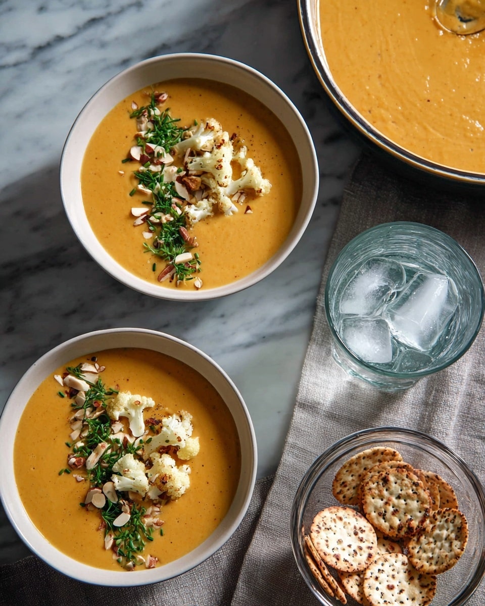 Two bowls of creamy yellow soup sit on a white marbled surface. Each bowl is white with a thin brown rim and filled almost to the top with smooth soup. On one side of the soup, there is a layer of small white roasted cauliflower pieces, chopped brown almonds, and chopped green herbs scattered over the top. A spoon with a wooden handle rests inside the front bowl. Nearby, there is a clear glass jar filled with dark seed crackers and three seed crackers lie next to it on the white marbled surface. A soft gray cloth is partly visible on the right side. photo taken with an iphone --ar 4:5 --v 7