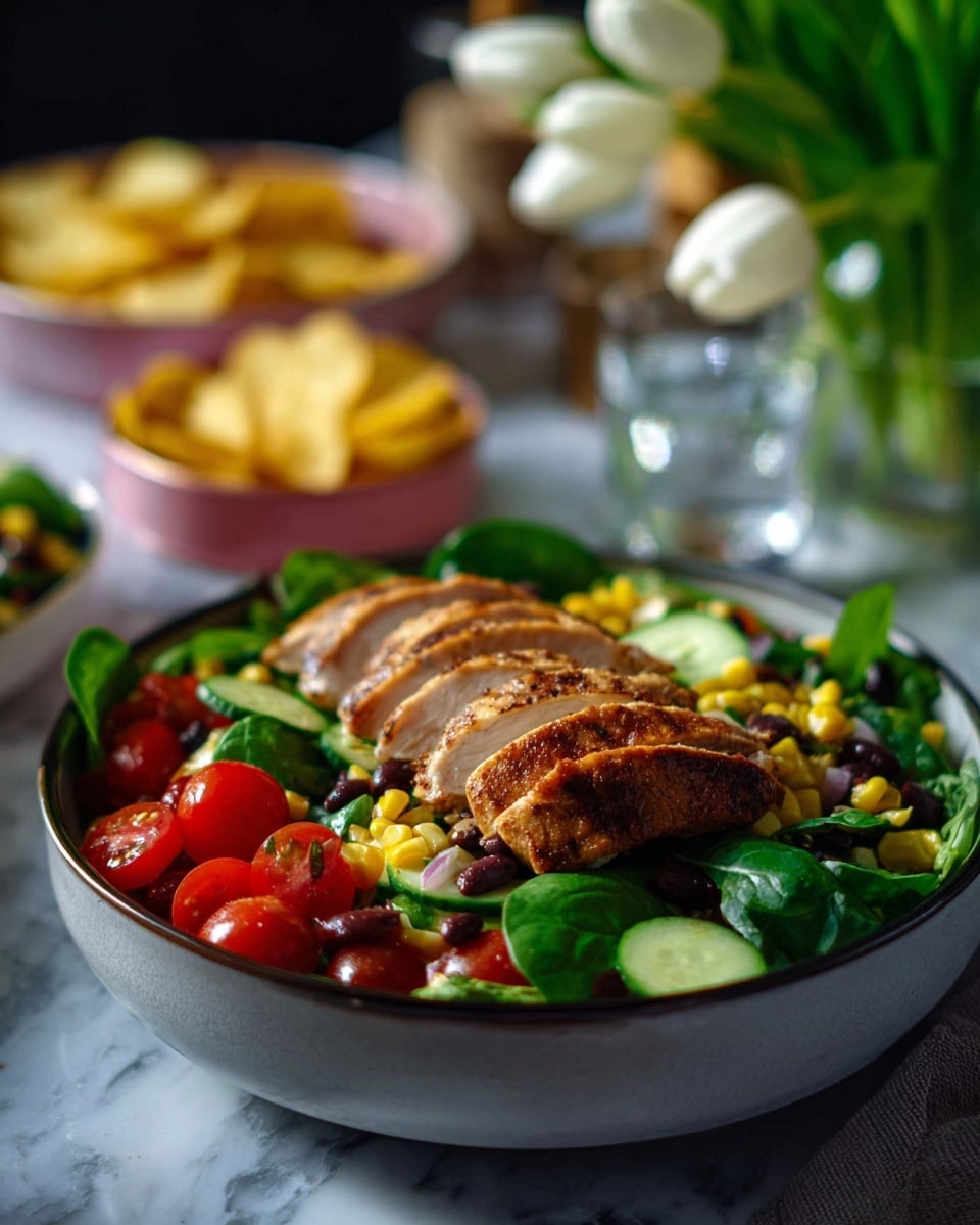 A white bowl filled with a fresh salad shows a base layer of bright green spinach leaves mixed with black beans and yellow corn kernels. On top, there are sliced red cherry tomatoes and a few pale green cucumber slices scattered around. Seven slices of cooked chicken lie on one side, showing white tender meat with a brown crispy edge. A woman's hand holds a spoon dripping a shiny golden sauce over the chicken, making it glisten. The scene sits on a white marbled surface. photo taken with an iphone --ar 4:5 --v 7