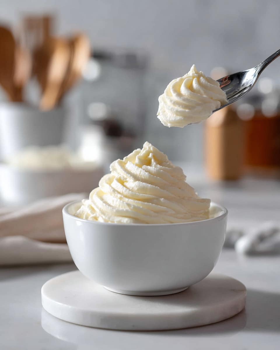 A single layer of smooth, creamy white sauce with a light, fluffy texture fills a white scalloped ceramic bowl. The sauce has subtle swirls and soft peaks across its surface, giving a delicate and airy look. The bowl sits on a round white marbled plate with a silver spoon that has a white handle resting beside it. The background is a white marbled surface with a beige cloth partially visible on the left side. Photo taken with an iphone --ar 4:5 --v 7