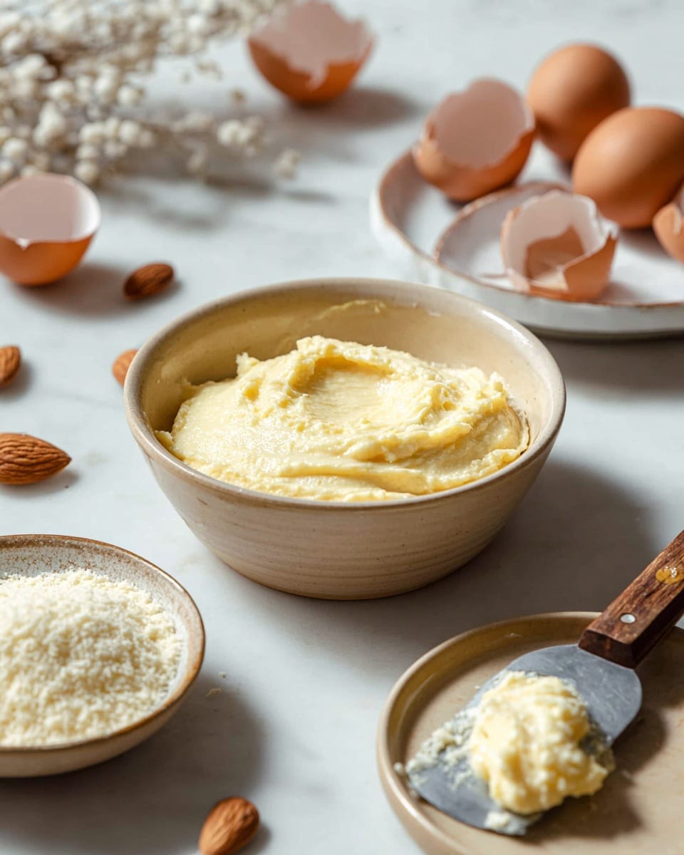 A wooden bowl filled with a creamy, pale yellow batter that looks smooth and thick. Around the bowl on a white marbled texture surface, there are whole almonds, a small container filled with finely grated almond flour, and a white plate holding a silicone spatula with some batter on it. The batter has a swirled texture on top, showing soft peaks and curves. The scene looks bright and clean with soft natural light. photo taken with an iphone --ar 4:5 --v 7