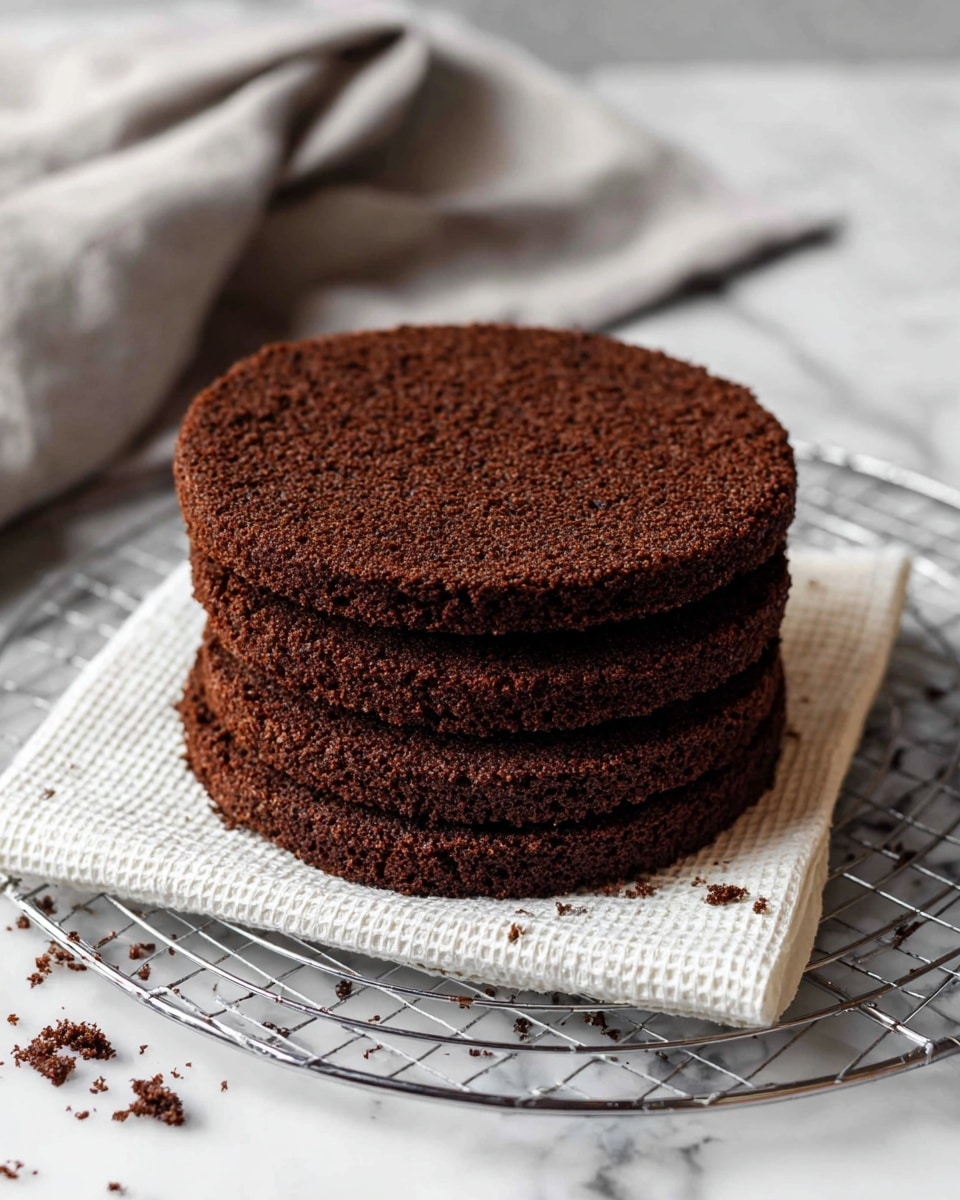 A single round chocolate cake layer with a rich, dark brown color and a slightly cracked, textured top surface sits on a black wire cooling rack over a white marbled countertop. The cake looks soft and moist with a fine crumb texture. Around it is a light gray cloth casually draped on the white marbled surface, adding a cozy touch. Photo taken with an iphone --ar 4:5 --v 7