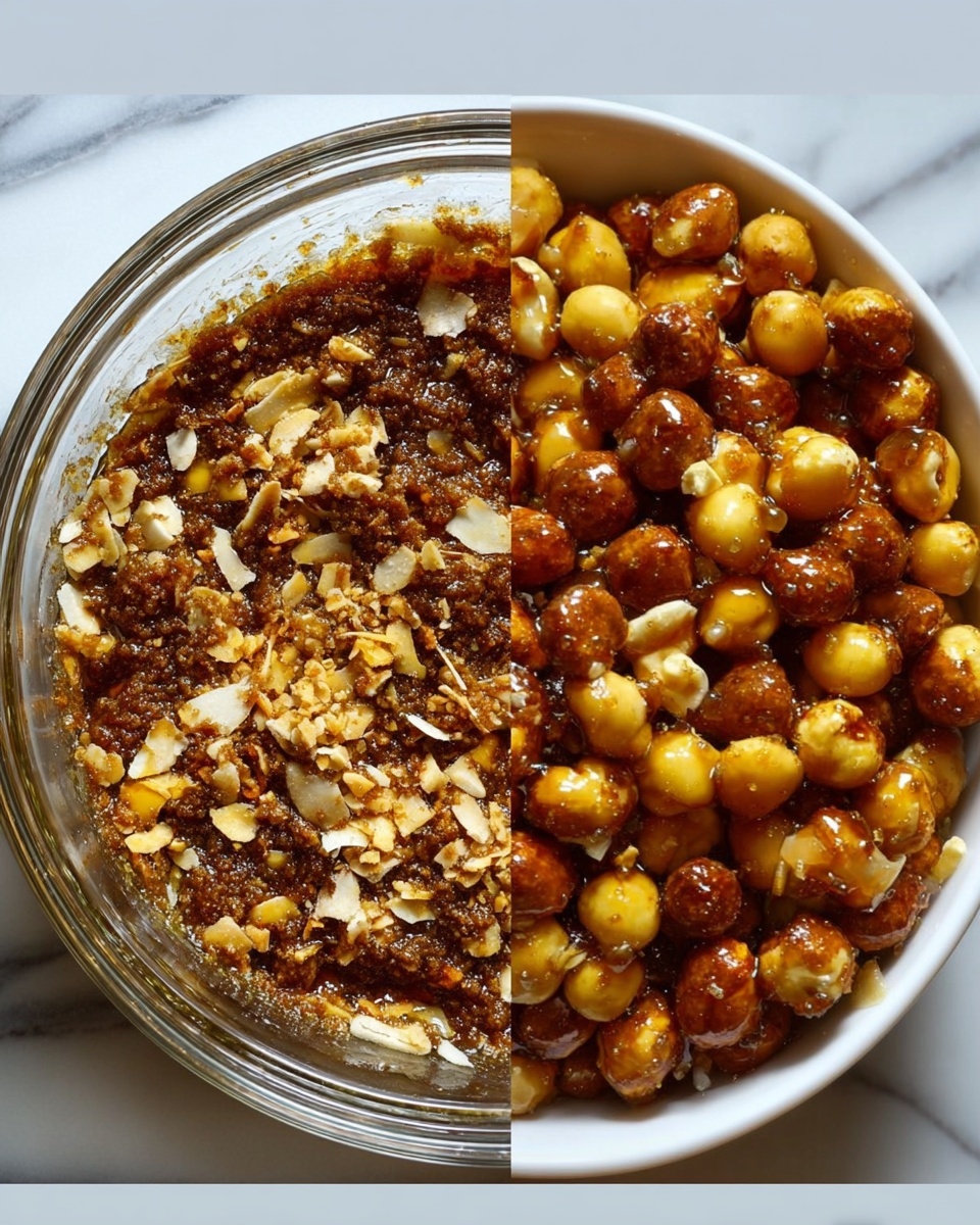 The image on the left shows a thick, textured mixture inside a clear glass bowl placed on a white marbled surface. The mixture has a layered look: the bottom layer appears sticky and brown, covered unevenly by a lighter crumbly or shredded top layer that is off-white with some darker brown spots. The right image is a close-up of a white bowl filled with a dense pile of round, roasted nuts. The nuts are mostly brown with a few lighter beige and yellow ones mixed in. They are shiny and seem to be coated in a glossy, amber liquid spread unevenly on top. Both images are well lit, showing fine details and texture clearly. photo taken with an iphone --ar 4:5 --v 7