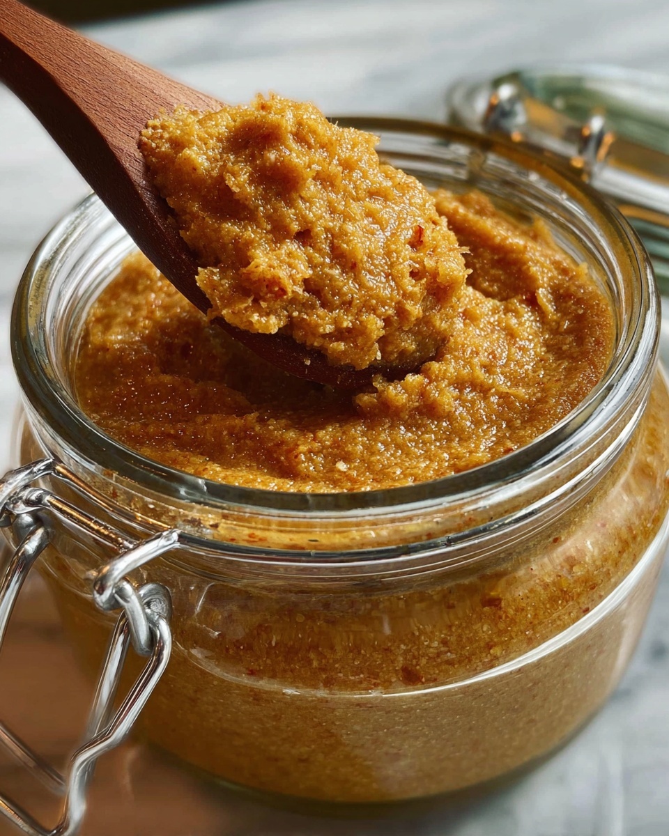 A close-up view of a clear glass jar filled with thick, textured brown spread with visible small bits throughout. The jar sits on a white marbled surface surrounded by whole hazelnuts. A spoon lifts a generous scoop of the spread from the jar, showing a shiny, slightly grainy surface that glistens under the light. The jar's silver metal clasp is partly visible, and the jar lid rests open beside it. photo taken with an iphone --ar 4:5 --v 7