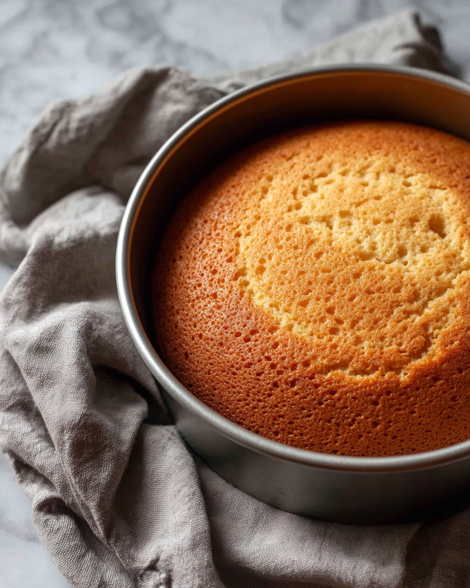 The image shows one round, single-layer cake with a golden brown top, placed inside a round metal pan. The cake texture looks soft and slightly spongy with some small holes and a few cracks on the surface. The pan sits on a light gray cloth on a white marbled surface. photo taken with an iphone --ar 4:5 --v 7