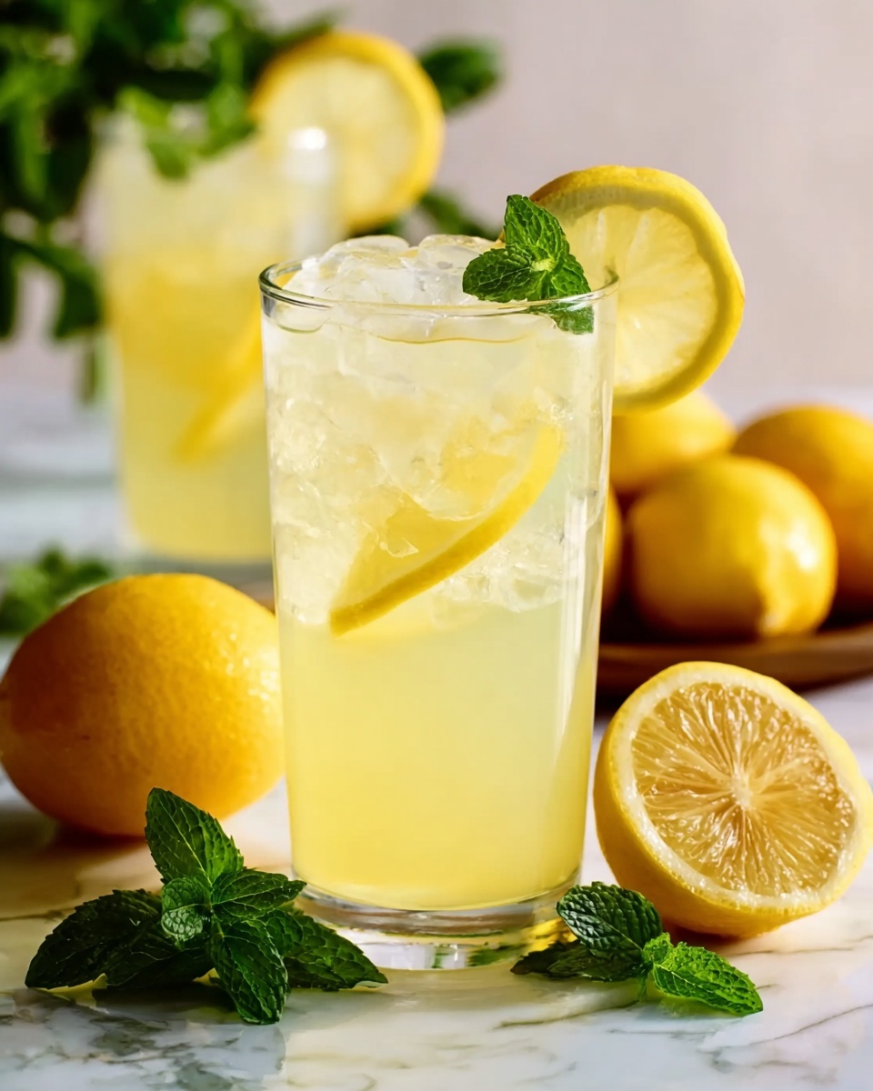 A tall clear glass filled with light yellow lemonade with many pieces of ice visible inside. On the rim of the glass, there is a bright yellow lemon slice and a small green mint leaf. Around the glass, there are whole and halved lemons showing their bright yellow color and textured skin. There are also fresh green mint leaves scattered near the base of the glass, all placed on a white marbled surface. Another similar glass of lemonade is blurred in the background. photo taken with an iphone --ar 4:5 --v 7