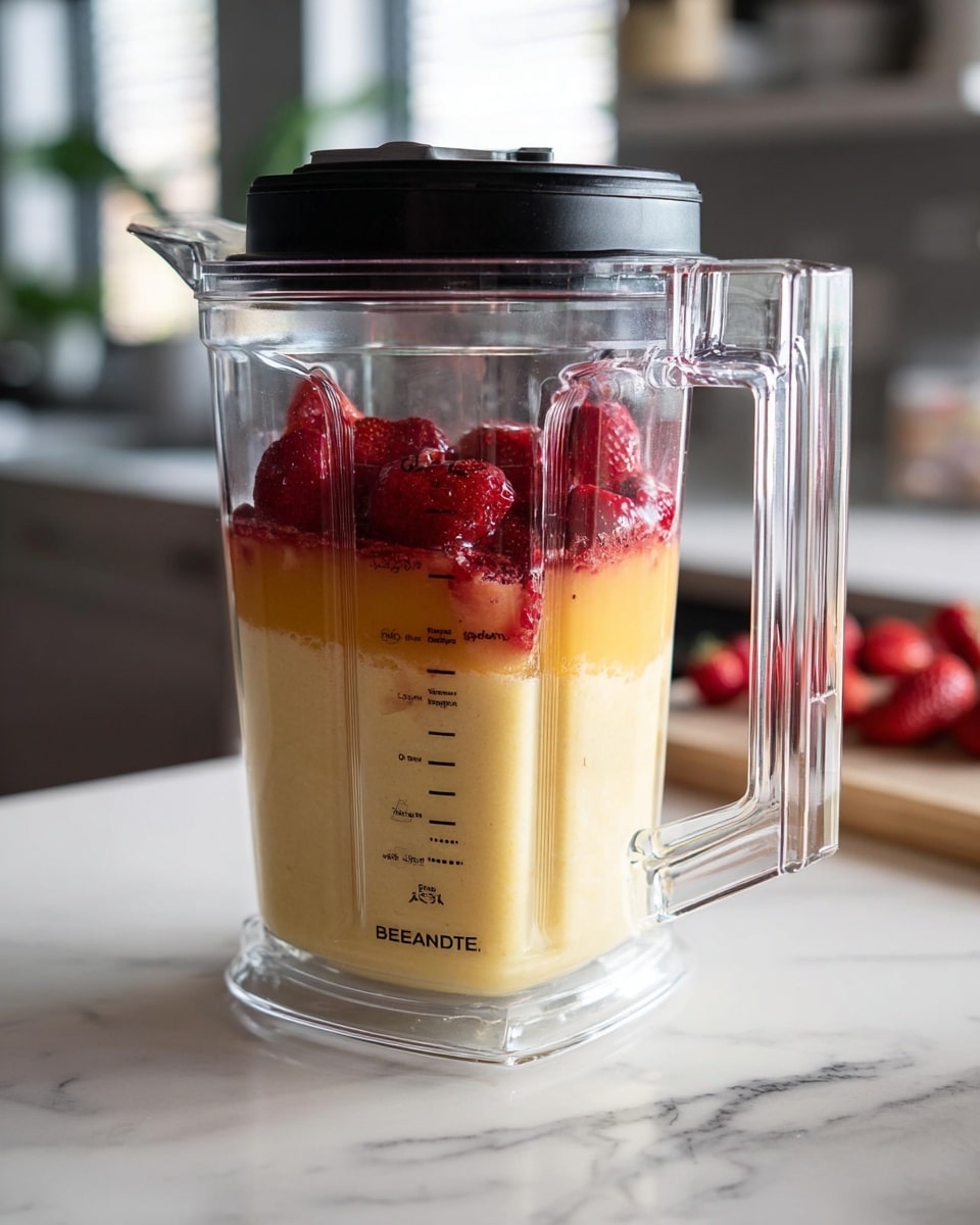 A tall clear glass filled with a light pink frothy smoothie, nearly full to the top. There is a white and pale pink striped paper straw on the left side of the glass. The drink is decorated with a bright red strawberry with green leaves and a wedge of yellow pineapple with brown edges, both placed on the rim at the front. In the blurry background, more fruit pieces rest on a white cloth over a white marbled surface. photo taken with an iphone --ar 4:5 --v 7