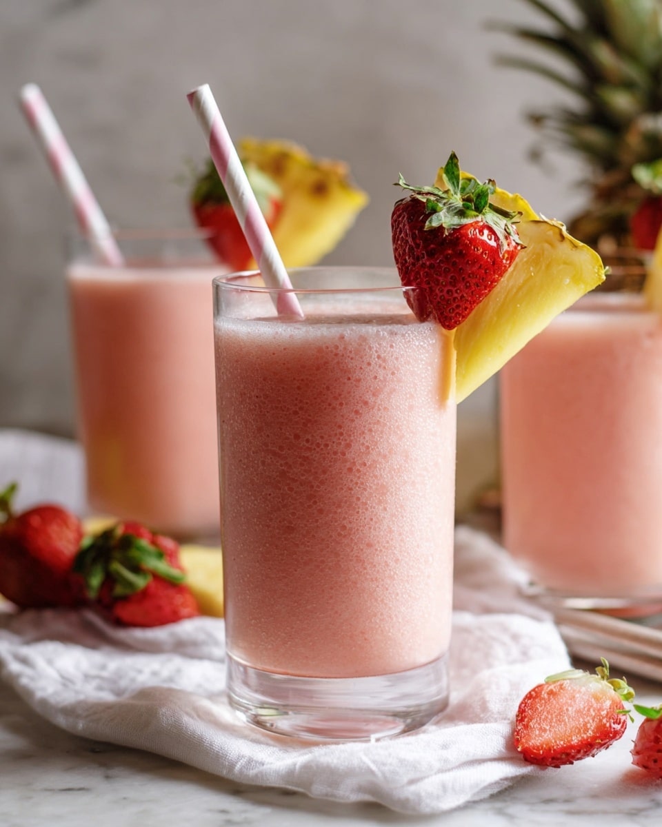 The image shows a tall clear glass filled with a light pink frothy smoothie. On the rim of the glass, there is a fresh red strawberry with green leaves and a triangular slice of yellow pineapple. A white and light pink striped paper straw is placed inside the glass, leaning slightly to the left. The glass is set on a white cloth on a surface with white marbled texture. In the background, there are two more similar glasses with the same smoothie, each garnished with a strawberry, pineapple slice, and straw. Some strawberries and pineapple pieces are also visible on the surface nearby. photo taken with an iphone --ar 4:5 --v 7