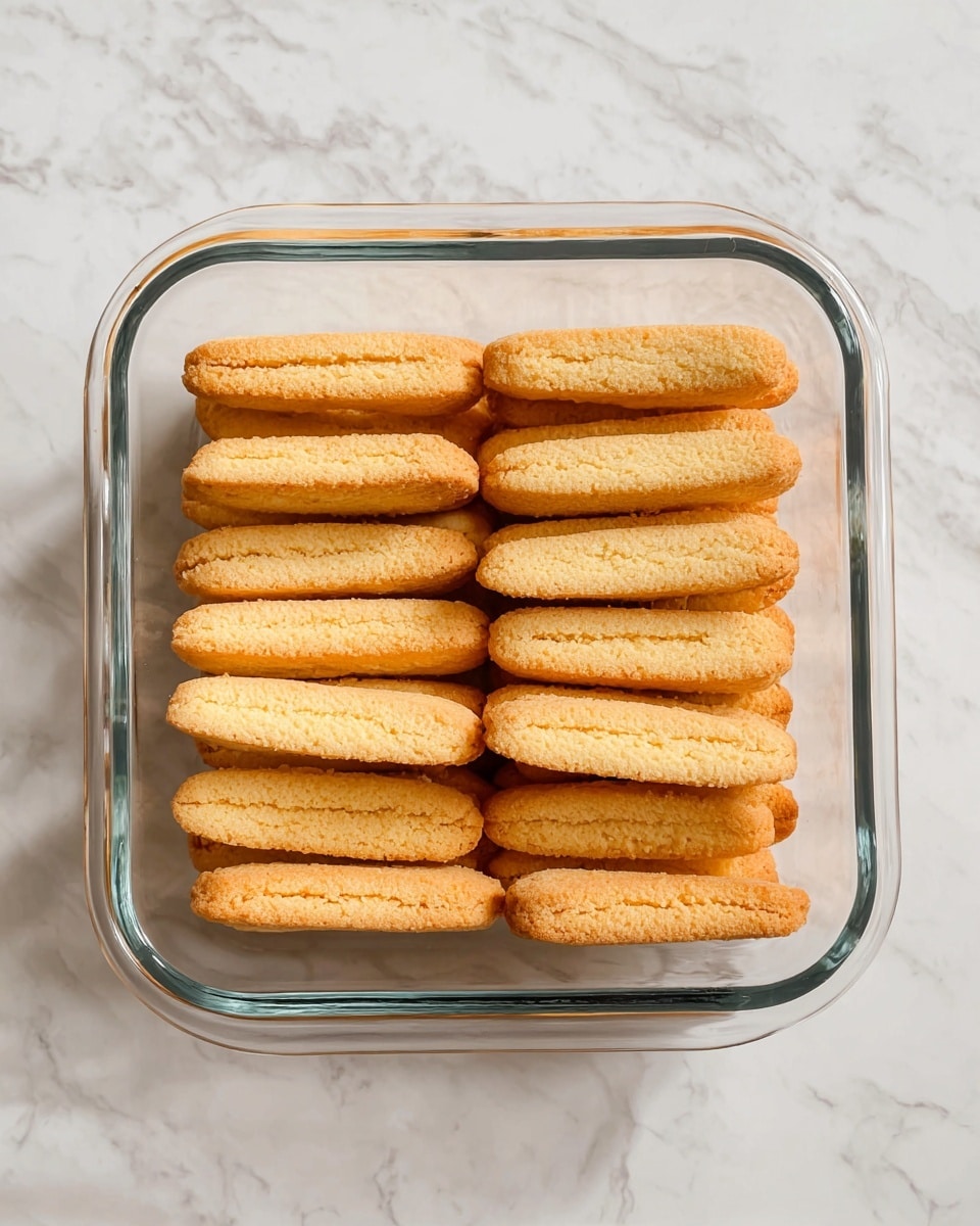 This image shows a single layer of ladyfinger biscuits arranged side by side in a square glass dish. The biscuits are light brown with a slightly rough texture, and they lie flat with their rounded edges facing up. The dish is placed on a white marbled surface, and the overall look is simple and neat. photo taken with an iphone --ar 4:5 --v 7