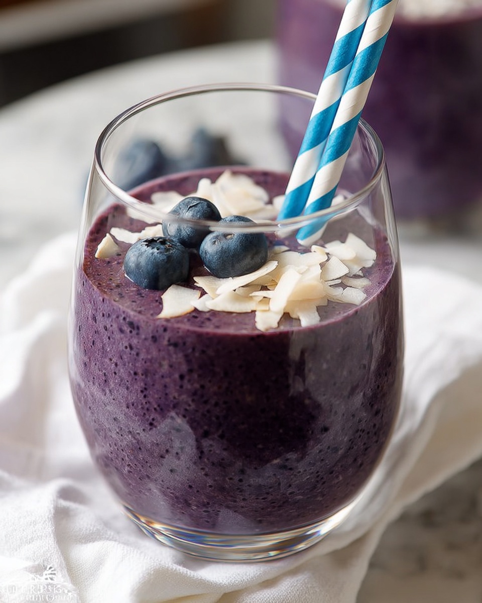 The image shows a thick blueberry smoothie in a clear round glass, filled to the top with a deep purple creamy mixture. The smoothie is topped with a few fresh blueberries and white coconut flakes scattered over the surface. Two blue and white striped straws stand upright in the smoothie. Around the glass are scattered fresh blueberries resting on a white marbled surface. A second blurred glass of the same smoothie is partially visible in the background. photo taken with an iphone --ar 4:5 --v 7