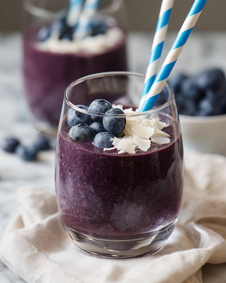 A clear glass filled with a thick, dark purple smoothie, topped with three fresh blueberries and several white coconut flakes. Two paper straws, one blue and white striped and the other solid light blue, stand upright in the smoothie. The glass sits on a soft white cloth, set against a white marbled surface. Another identical glass with the same smoothie and toppings is blurred in the background, creating depth. photo taken with an iphone --ar 4:5 --v 7