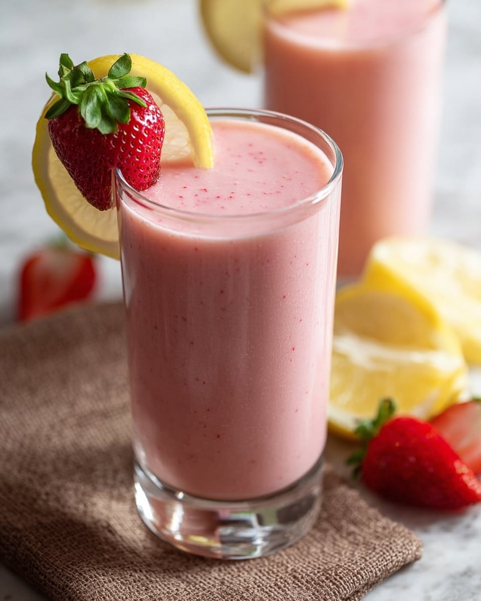 The image shows a tall clear glass filled with a smooth pink strawberry smoothie, almost to the top. On the edge of the glass, there is a lemon slice with a fresh red strawberry placed inside its hollow center, showing its bright seeds and green leaves on top. The glass sits on a piece of burlap cloth placed on a white marbled surface. In the background, a second glass with the same pink smoothie and lemon-strawberry garnish is visible but blurred. There are also some lemon wedges and strawberry slices placed casually around the glasses. photo taken with an iphone --ar 4:5 --v 7
