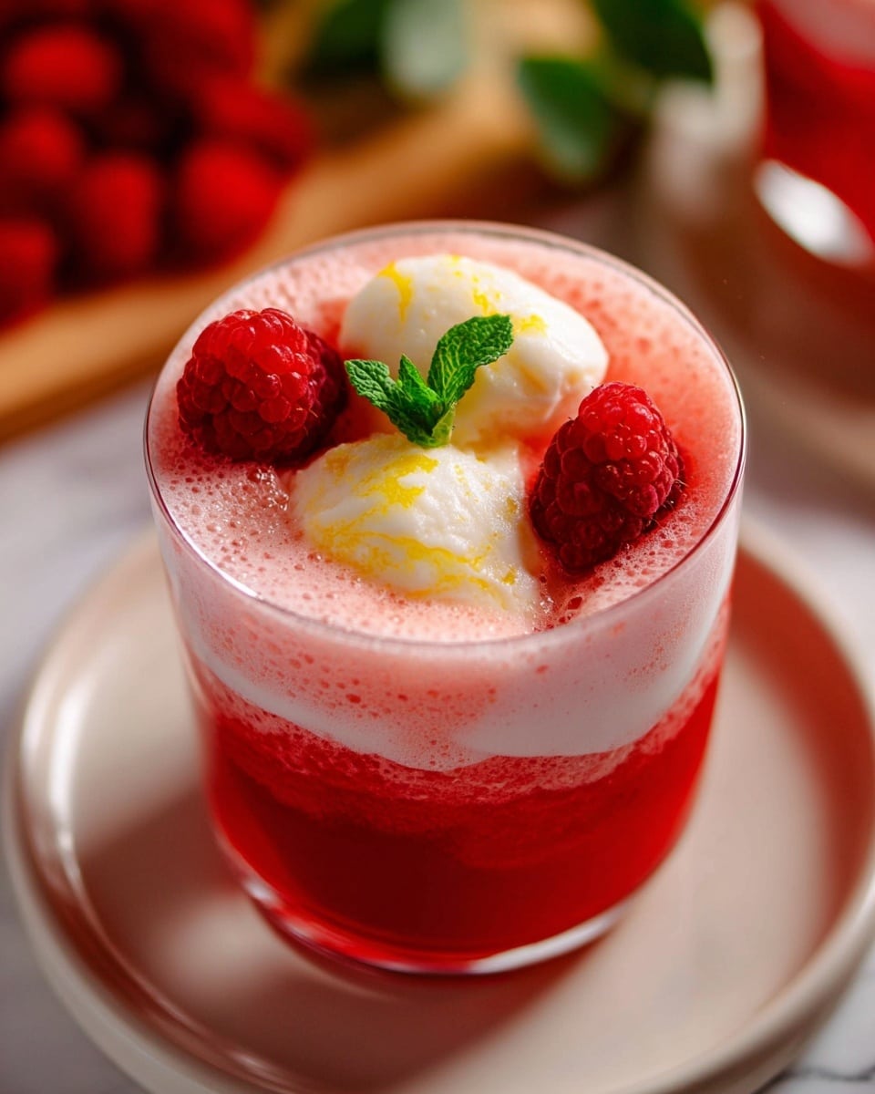 A close-up of a three-layered drink in a clear glass sitting on a white plate with a white marbled surface beneath. The bottom layer is a light pink liquid, the middle layer is a brighter red liquid, and the top layer is frothy and light pink with two scoops of white sorbet lightly mixed with yellow streaks floating on top. Three bright red raspberries are placed on top of the froth, two near the scoops and one embedded slightly in the drink, with a small green mint leaf centered on the top, adding a fresh touch. The background is blurred with soft red and green elements. photo taken with an iphone --ar 4:5 --v 7