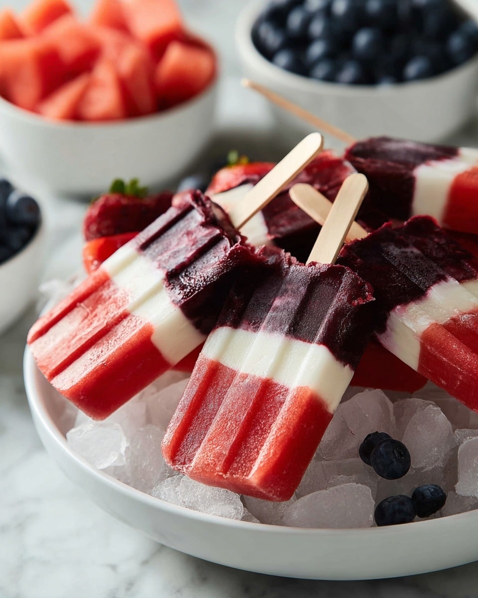 The image shows several layered popsicles arranged on crushed ice in a white bowl with a white marbled surface underneath. Each popsicle has three layers: the top layer is dark purple with a smooth, slightly textured surface, the middle layer is white and creamy, and the bottom layer is bright red and icy. Wooden sticks stick out from each popsicle. Blueberries and pieces of watermelon are scattered around the bowl, while two white bowls filled with blueberries and watermelon pieces appear blurred in the background. The photo taken with an iphone --ar 4:5 --v 7