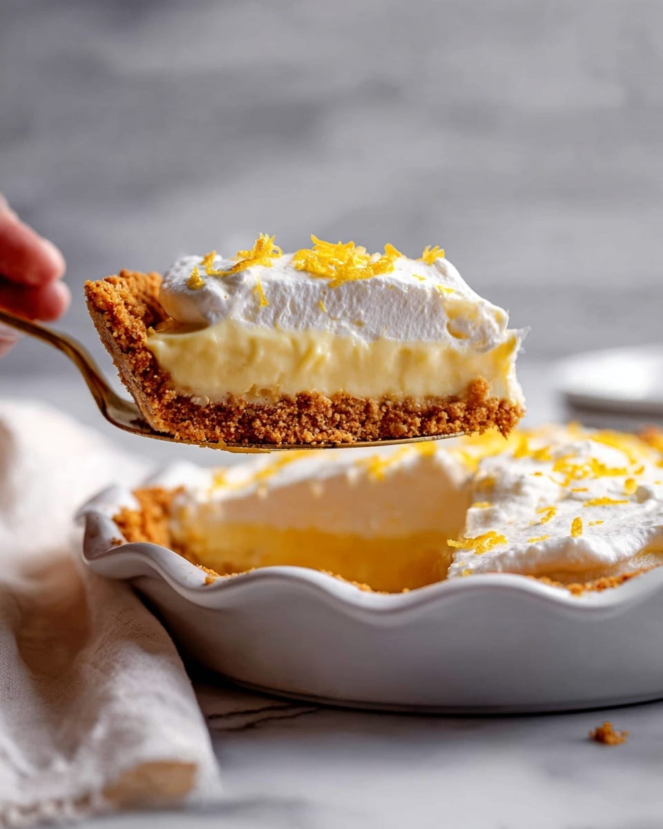 A slice of pie is being lifted above a white pie dish on a white marbled surface. The pie has three layers: the bottom layer is a crumbly, golden brown crust, the middle layer is a smooth, pale yellow filling, and the top layer is a thick, fluffy white cream with small bits of orange zest sprinkled on it. The pie dish has a wavy edge and a soft cloth lies nearby. The background is soft gray and blurred. Photo taken with an iphone --ar 4:5 --v 7