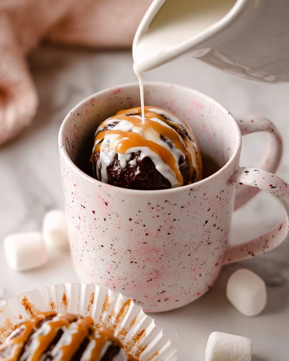 The image shows two round desserts placed in white paper cups on a white marbled surface. Each dessert has a smooth, shiny dark chocolate dome as the base layer. On top of the domes, there are thin drizzles of caramel-colored sauce, creating lines that run from one end to the other. Sprinkled over the caramel drizzle are small white salt flakes and tiny caramel bits. Around the desserts, there are a few small white marshmallows scattered. On the right side, part of a white cup with dark specks is visible, adding to the cozy setting. Photo taken with an iphone --ar 4:5 --v 7