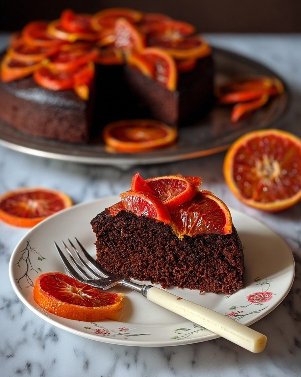 A slice of dark brown chocolate cake with a dense, moist texture sits on a white plate with a light floral design. The top layer of the cake is covered with shiny slices of red-orange blood oranges arranged flat and overlapping. In the background, the rest of the round chocolate cake with the same blood orange slices on top is on a silver tray. The scene is set on a white marbled surface, with a few more blood orange slices scattered around. A cream-handled fork rests on the plate next to the slice. The lighting softly highlights the rich colors of the cake and oranges. Photo taken with an iphone --ar 4:5 --v 7