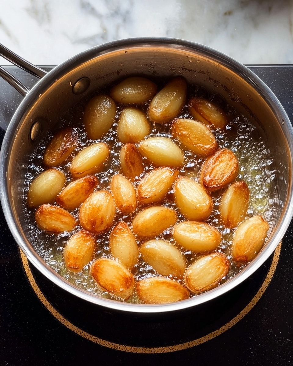 A close-up view of a metal pan filled with golden brown garlic cloves frying in hot oil. The garlic cloves are whole with a smooth texture, some showing a shinier, crisp surface from frying. Small bubbles are rising and surrounding the garlic, showing the hot frying process. The pan is sitting on a black stove top with a thin golden ring around the burner. The background and surface beneath are replaced with a white marbled texture. Photo taken with an iphone --ar 4:5 --v 7
