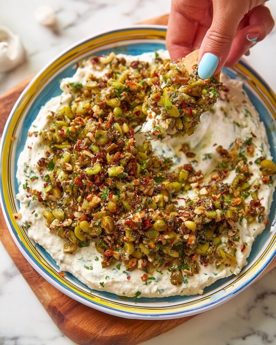 A white, scalloped-edge plate with blue and yellow trim holds a two-layer dish placed on a wooden board over a white marbled surface. The bottom layer is a creamy white spread with visible flecks of green herbs mixed in, covering the plate evenly. The top layer is a mound of finely chopped green olives mixed with small pieces of light brown nuts and red spices, creating a textured, colorful pile in the center of the plate. Photo taken with an iphone --ar 4:5 --v 7