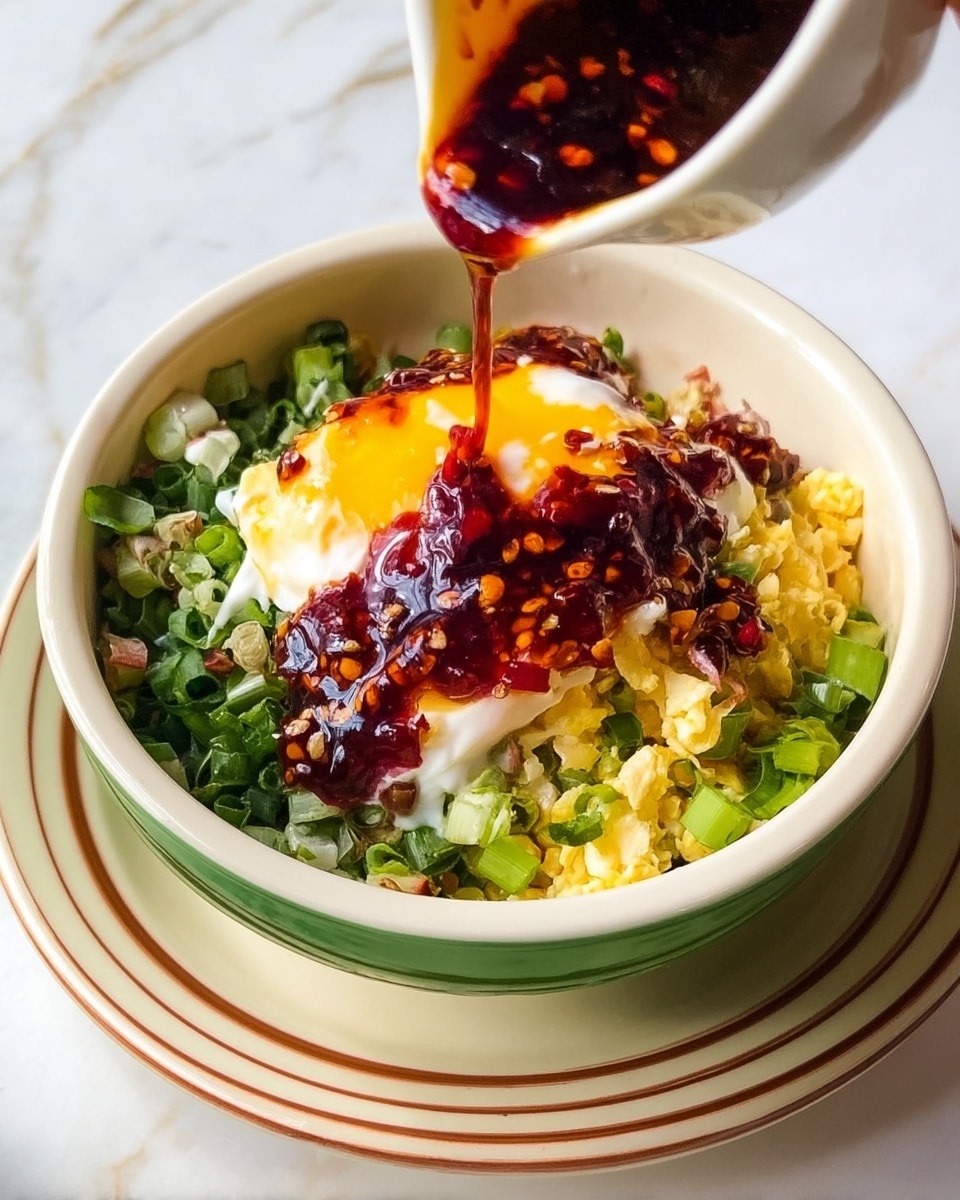 A bowl with a green rim holds a colorful mix of ingredients layered inside. The bottom layer consists of chopped green onions and small pieces of green vegetables, mixed with bits of yellow, crumbled cooked egg. Above this, a dollop of white creamy sauce is topped with a thick, yellowish sauce slightly melting into the white. A woman's hand is pouring a dark red chili sauce with chili flakes over the top, creating a glossy, textured finish. The bowl is placed on a white plate with light beige and dark red stripes, all set on a white marbled surface. photo taken with an iphone --ar 4:5 --v 7